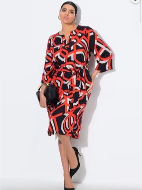 NWT Ulla Popken Dress 60s Vibe Geometric Midi Dress with Waist Tie plus 20/22